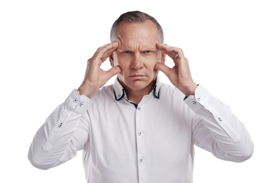 PNG shot of a handsome mature businessman standing alone against a grey background in the studio and feeling stressed