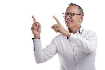 PNG shot of a handsome mature businessman standing alone against a grey background in the studio and pointing at a promotion