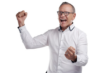 PNG shot of a handsome mature businessman standing alone against a grey background in the studio and celebrating an achievement