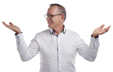 PNG Shot of a handsome mature businessman standing alone against a grey background in the studio and choosing between two options