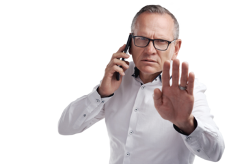 PNG Shot of a handsome mature businessman standing alone against a grey background in the studio and using his cellphone