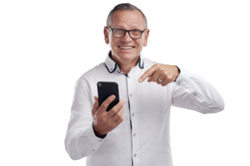 PNG Shot of a handsome mature businessman standing alone against a grey background in the studio and using his cellphone