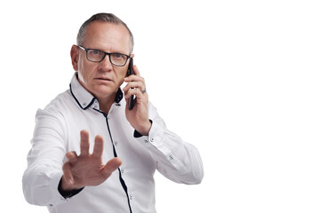 PNG Shot of a handsome mature businessman standing alone against a grey background in the studio and using his cellphone
