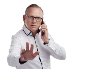 PNG Shot of a handsome mature businessman standing alone against a grey background in the studio and using his cellphone