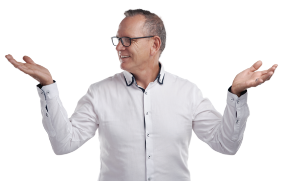 PNG Shot of a handsome mature businessman standing alone against a grey background in the studio and choosing between two options