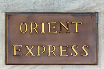 Sign of Orient express station. Sirkeci train station is a last station of Orient express. Close...