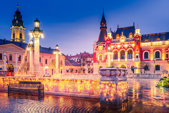 Oradea, Romania - Union Square, famous baroque downtown, historical city in Transylvania.