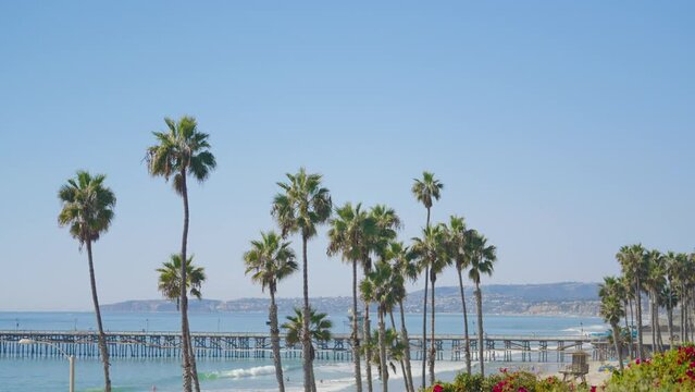 Beautiful day in Southern California during summer. Overlooking the San Clemente Pier towards Dana point as ocean waves break in the distance and people enjoy the beach and walking the pier. 