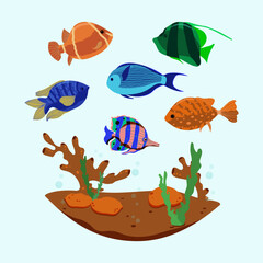 Naklejka premium Colorful abstract fish, algaes, corales. Vector illustration.