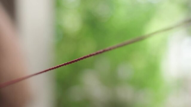 Closeup Of Red String Hanging In The Air