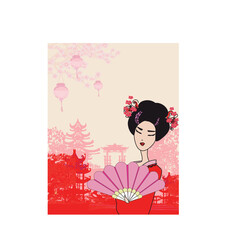 abstract landscape with Asian girl  - Chinese New Year celebration