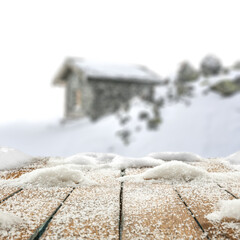 Desk of free space and winter landscape. 