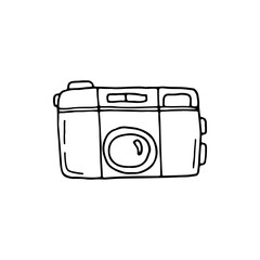 Camera with lens. Shooting high-quality photos, while traveling, camping, on vacation. Camera. Doodle. Vector illustration. Hand drawn. Outline.