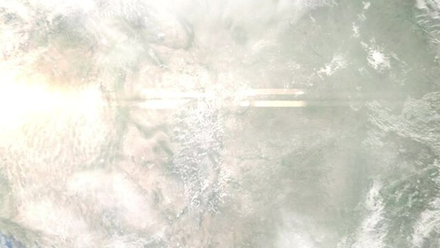 Earth zoom in from outer space to city. Zooming on Arvada, Colorado, USA. The animation continues by zoom out through clouds and atmosphere into space. Images from NASA