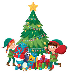 Christmas elf kids with Christmas tree