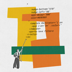 Contemporary art collage. Creative design. Woman cleaning code, finding mistake. Website developer