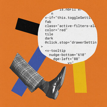Contemporary art collage. Creative design. Abstract art with male leg kicking code image. Overcoming difficulties, developing secure data
