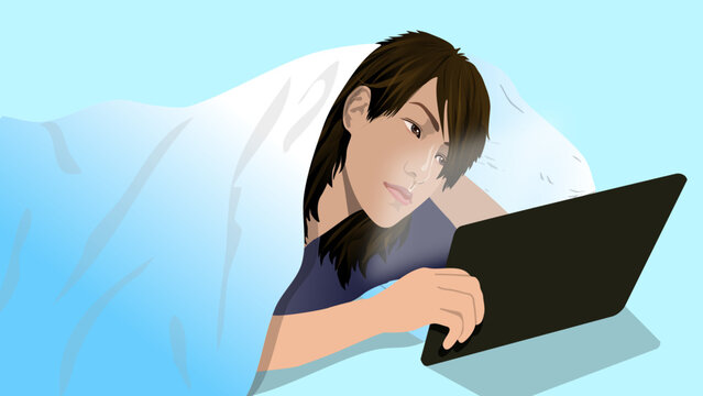 A Person Is Lying In Bed Watching An IPad With A Blanket Covering The Head, Realistic Minimalist Illustration Vector