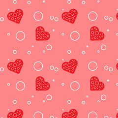 Red hearts with drops and circles in seamless pattern isolated on a red background. Love concept. Vector Illustration