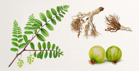 Bhumi Amla (Phyllanthus Amarus). Botanical illustration on white paper. The best medicinal plants, their effects and contraindications. Natural medicine. Plant properties.