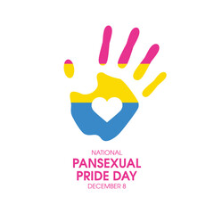 Pansexual Pride Day vector. Pansexual pride flag human handprint vector. Palm print with heart shape icon isolated on a white background. LGBT design element. December 8. Important day