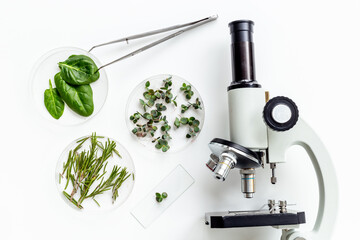 Chemical laboratory of plants supply. Plants research with microscope