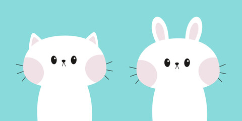 White cat kitten kitty bunny rabbit icon set. Pink cheek. Funny face. Kawaii cute cartoon baby character. Happy Valentines Day. Flat design. Blue background. Isolated.