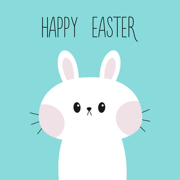 Happy Easter. Cute white bunny rabbit hare. Funny face icon. Kawaii funny animal. Cartoon funny baby character. Kids print for poster, t-shirt cloth. Love card. Flat design. Blue background.