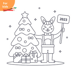 Rabbit 2023 New Year concept. Cute happy rabbit and a Christmas tree. Coloring page for children. Vector illustration.