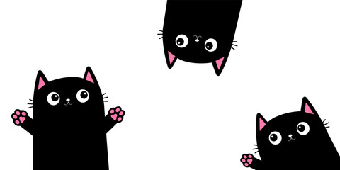 Cat face head silhouette set. Kitten in the corner. Paw print. Black kitten. Cute kawaii funny animal character. Baby card. Notebook cover. Sticker print. Cartoon pet . Flat design. White background