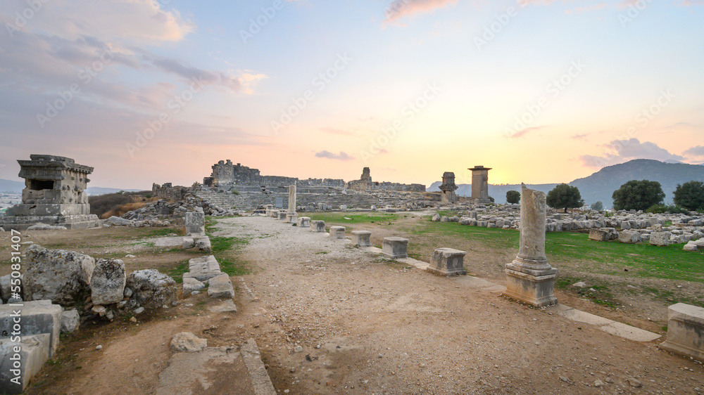 Wall mural xanthos ancient city. grave monument and the ruins of ancient city of xanthos - letoon in kas, antal