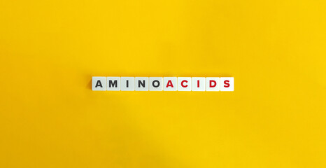 Amino Acids Banner. Letter Tiles on Yellow Background. Minimal Aesthetics. - obrazy, fototapety, plakaty