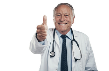 PNG shot of an elderly male doctor in a studio giving a thumbs up against a grey background