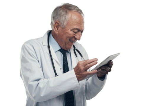 PNG shot of an elderly doctor using a digital tablet in a studio against a grey background - Powered by Adobe