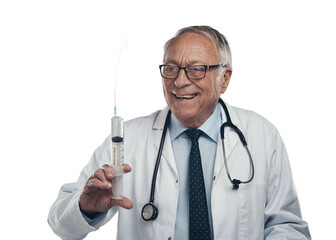 PNG shot of an elderly male doctor holding a syringe for injection in a studio against a...