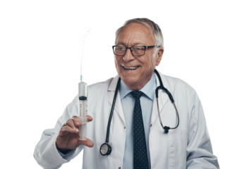 PNG shot of an elderly male doctor holding a syringe for injection in a studio against a transparent background