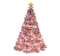 3D Render : Christmas tree decorating with pink theme ornament on the white background, PNG transparent for graphic resources
