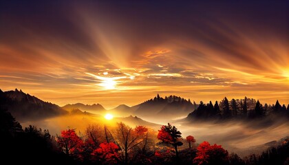forest in red foliage at autumn night. trees with branches with red foliage in forest. hillside in mountains with high peak in the distance in full moon light