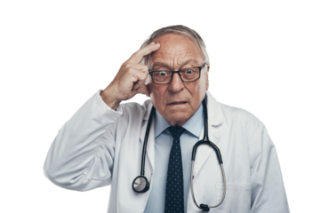 PNG shot of an elderly male doctor grasping his head in a studio against a transparent background