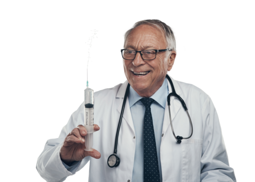 PNG shot of an elderly male doctor holding a syringe for injection in a studio against a transparent background