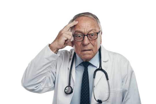 PNG shot of an elderly male doctor grasping his head in a studio against a transparent background