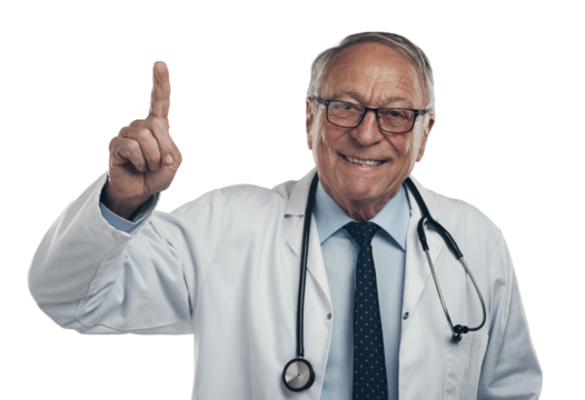 PNG shot of an elderly male doctor holding his finger up in a studio against a grey background