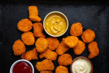Overhead view of crisp nuggets on black surface