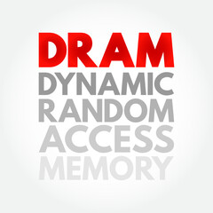 DRAM - Dynamic Random Access Memory is a type of random-access semiconductor memory that stores each bit of data in a memory cell, acronym technology concept background