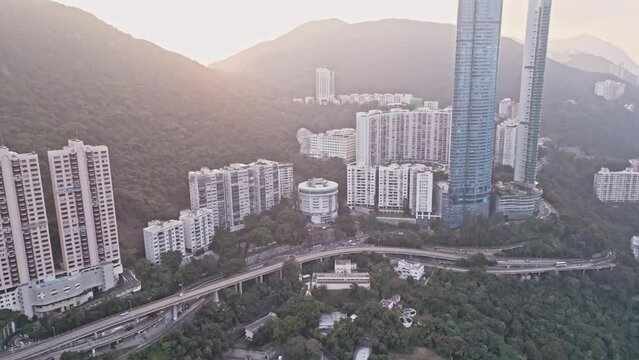 Hong Kong Adventist Hospital and eastern sewage treatment works in Stubbs Road, Happy Valley, aerial view in sunrise
