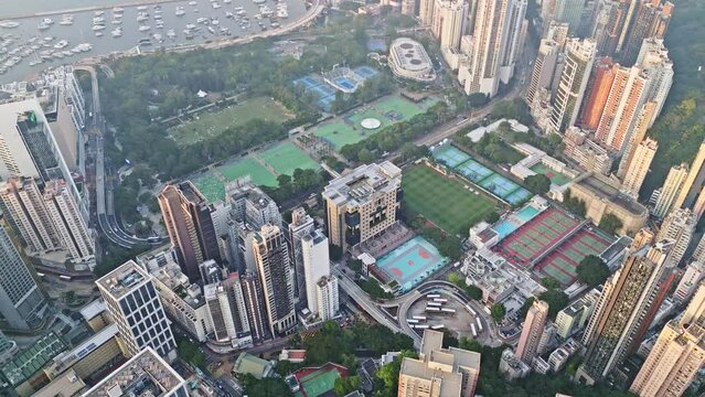 Hong Kong Central Library, Victoria Park and Causeway Bay Sports Ground in Tin Hau, aerial