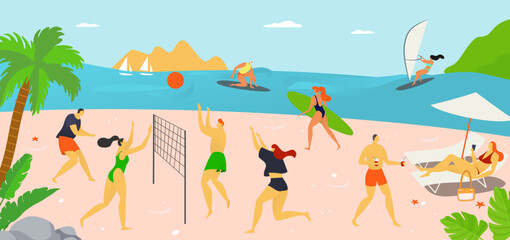 Fototapeta na wymiar Hot country vacation, people young character spend time play together beach volleyball, tropical relax coastside flat vector illustration.