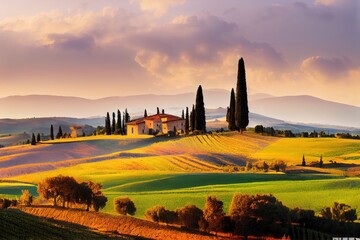 Fototapeta premium Typical Tuscan view with farmhouse and cypress trees. Colorful summer view of Italian countryside, Val d'Orcia valley, Pienza location. Beauty of countryside concept background.