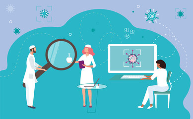 Medical research associate doctor character hold magnifying glass, tiny biology scientific worker analysis cell flat vector illustration.