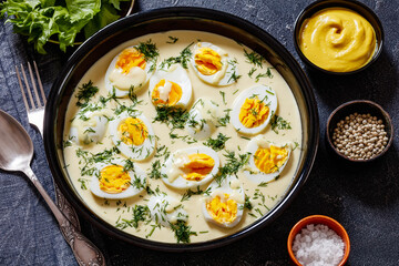Senfeier, hard boiled eggs in creamy mustard sauce